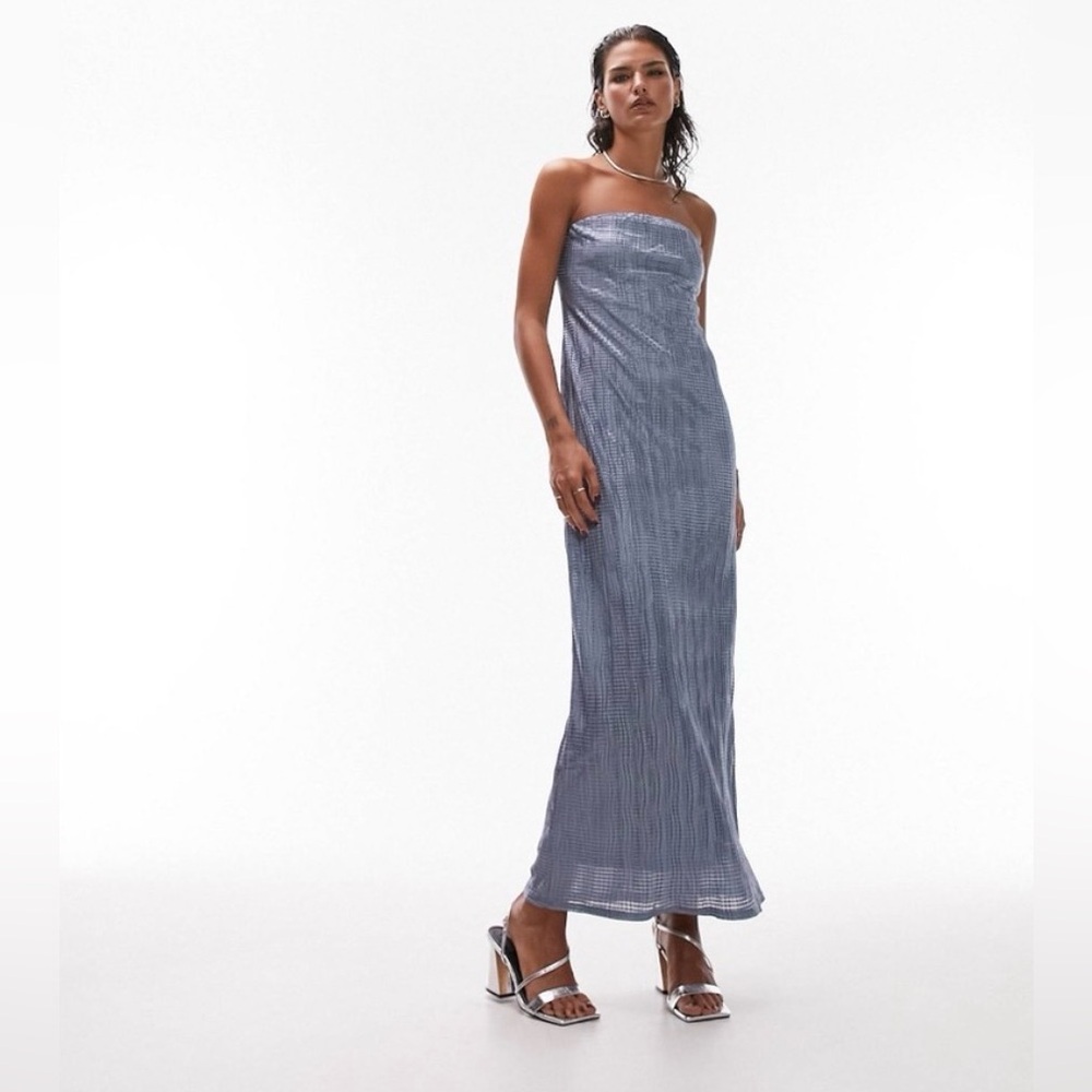 Topshop Blue Plissé Strapless Maxi Dress Size 12 Column Gown
